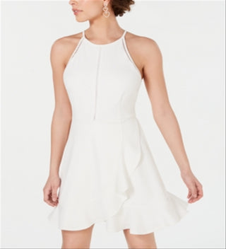 Speechless Women's Stretch Zippered Ruffled Sleeveless Halter Short Fit Flare Dress White Size X-Large