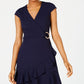 Speechless Women's Ruffled Zippered Cap Sleeve V Neck Mini Faux Wrap Party Dress Blue Size Large