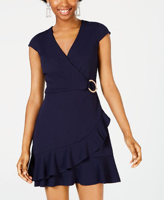 Speechless Women's Ruffled Zippered Cap Sleeve V Neck Mini Faux Wrap Party Dress Blue Size Large