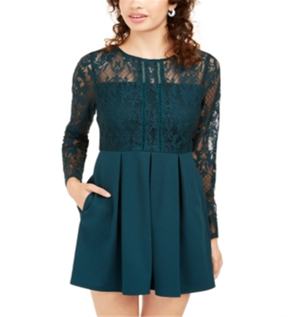 Speechless Women's Lace Zippered Long Sleeve Jewel Neck Mini Fit Flare Party Dress Green Size Medium