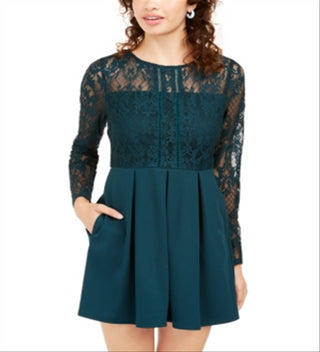 Speechless Women's Lace Zippered Long Sleeve Jewel Neck Mini Fit Flare Party Dress Green Size Medium