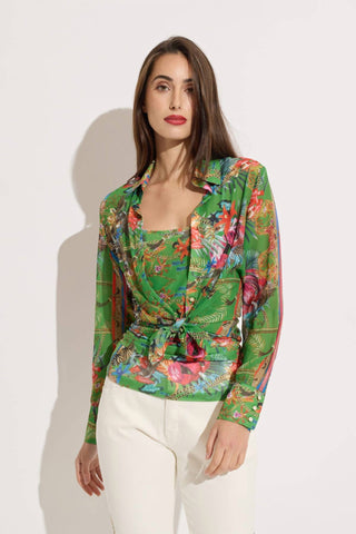 Oolala - Jungle Print Chiffon Button Down Blouse With Mesh Top