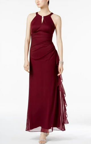 Betsy & Adam Women's Ruched Halter Gown Red Size 16
