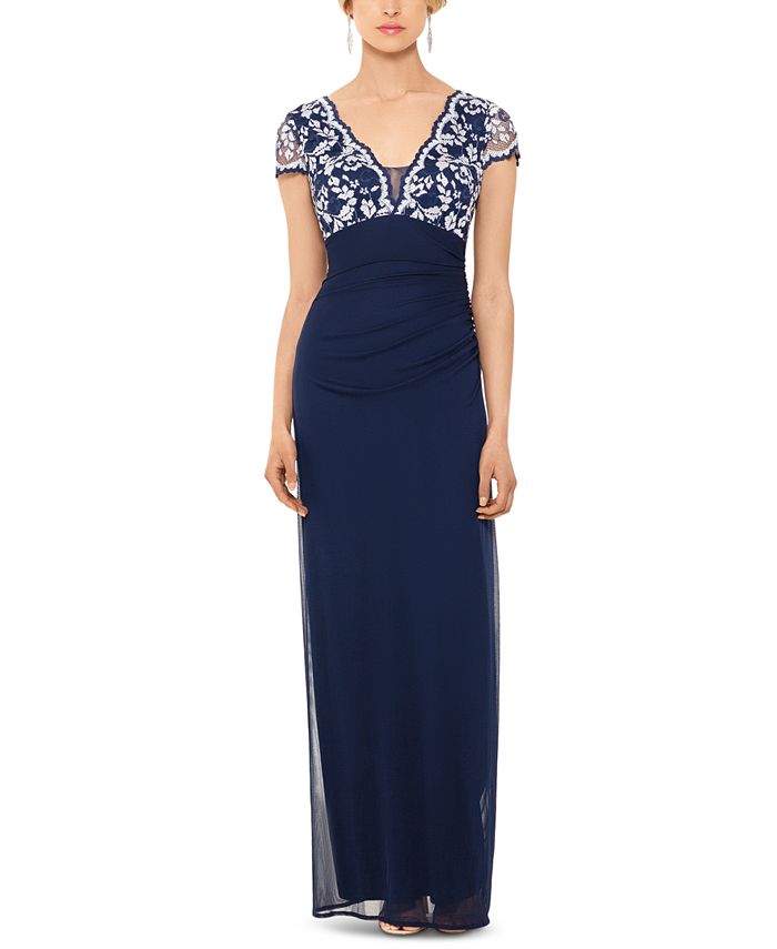 Betsy & Adam Women's Cap Sleeve V Neck Full Length Sheath Formal Dress Blue Size 12
