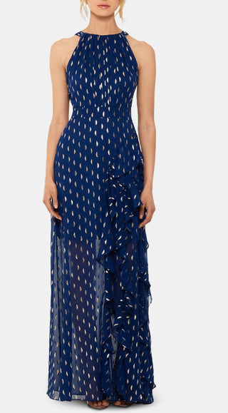 Betsy & Adam Women's Metallic Clip Dot Ruffle Halter Neck Chiffon Gown Blue Size 4