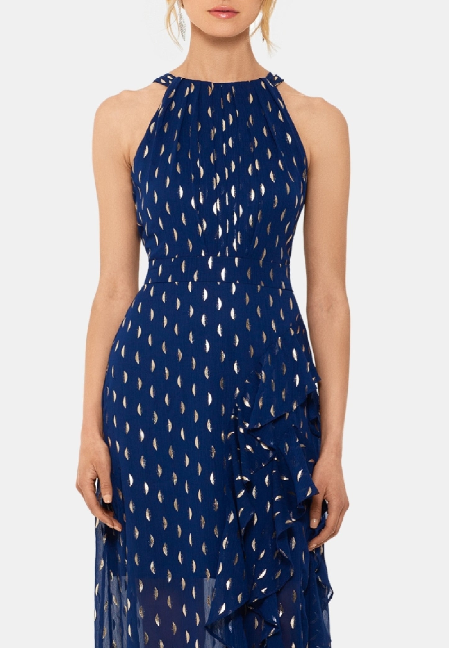 Betsy & Adam Women's Metallic Clip Dot Ruffle Halter Neck Chiffon Gown Blue Size 4