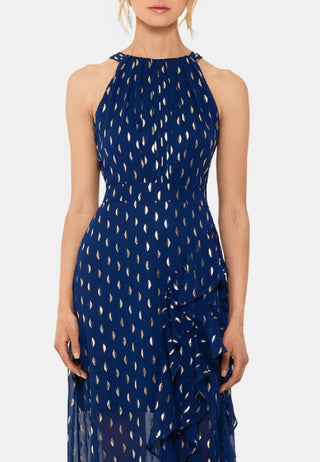 Betsy & Adam Women's Metallic Clip Dot Ruffle Halter Neck Chiffon Gown Blue Size 4