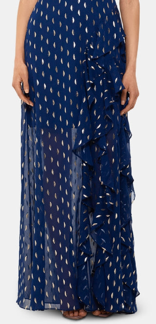 Betsy & Adam Women's Metallic Clip Dot Ruffle Halter Neck Chiffon Gown Blue Size 4