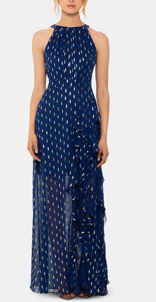 Betsy & Adam Women's Metallic Clip Dot Ruffle Halter Neck Chiffon Gown Blue Size 16