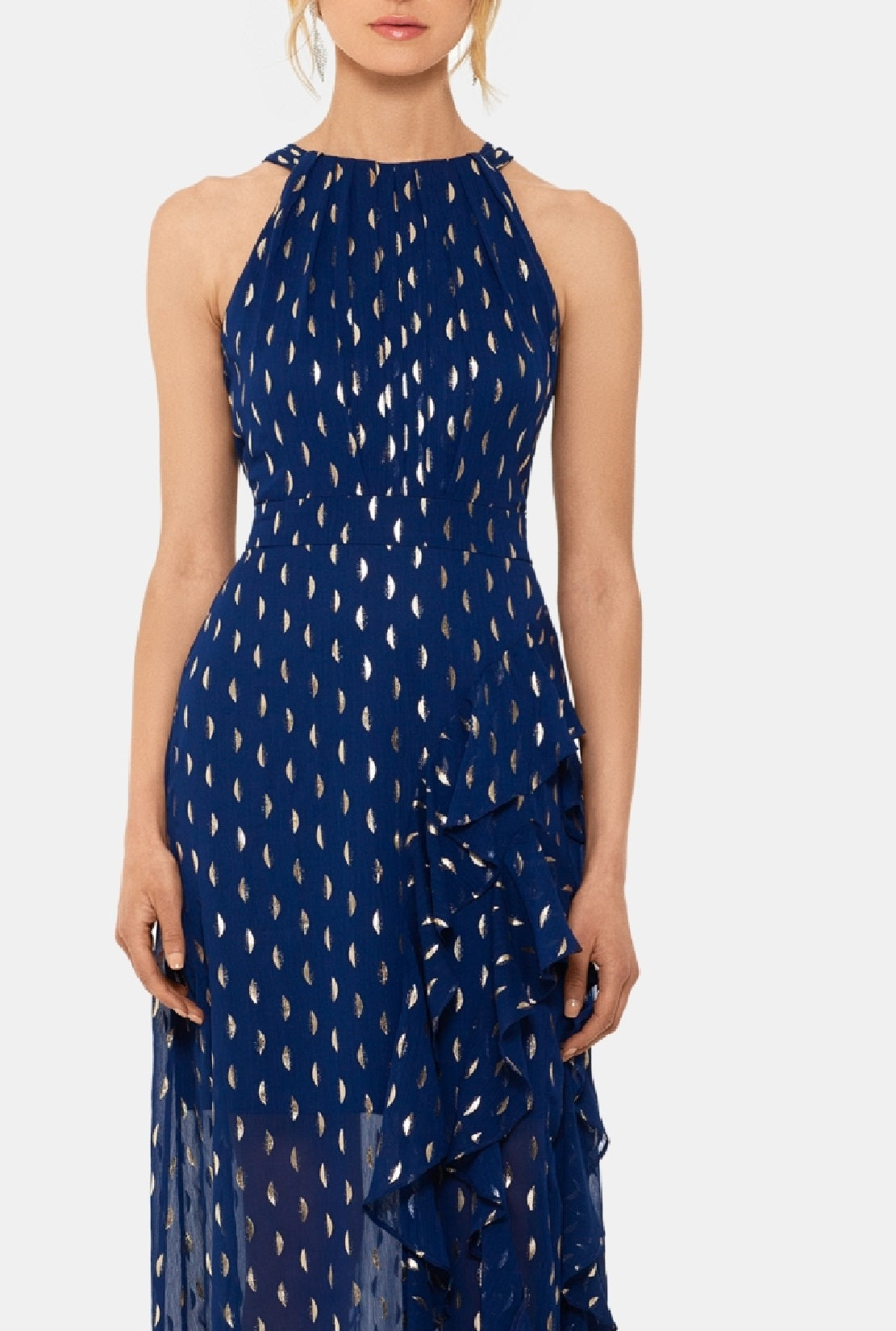 Betsy & Adam Women's Metallic Clip Dot Ruffle Halter Neck Chiffon Gown Blue Size 16