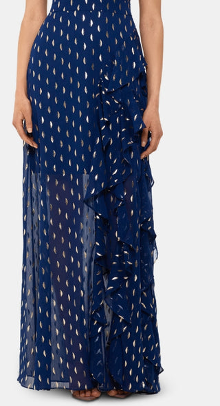 Betsy & Adam Women's Metallic Clip Dot Ruffle Halter Neck Chiffon Gown Blue Size 16