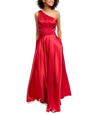 Blondie Nites Junior's One Shoulder Strappy Satin Gown Red Size 7