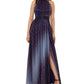 Betsy & Adam Women's Slitted Zippered Metallic Crinkle Sleeveless Maxi Evening Fit Flare Dress Blue Size 2