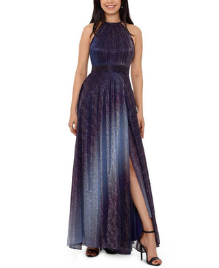 Betsy & Adam Women's Slitted Zippered Metallic Crinkle Sleeveless Maxi Evening Fit Flare Dress Blue Size 2