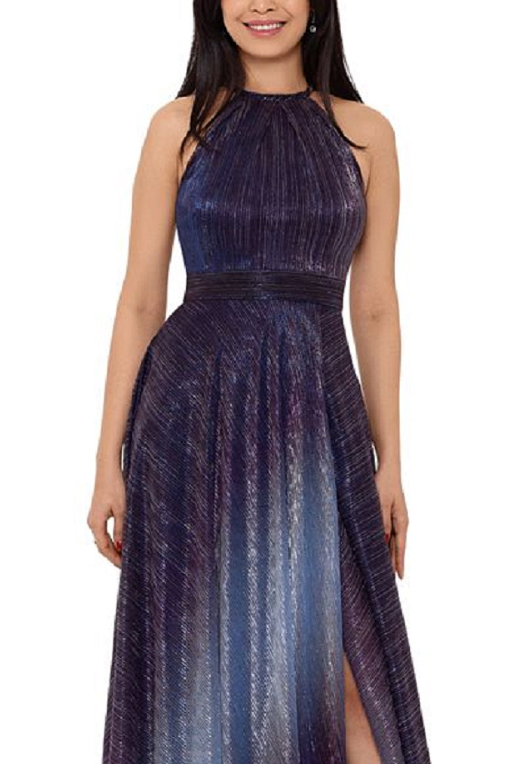 Betsy & Adam Women's Slitted Zippered Metallic Crinkle Sleeveless Maxi Evening Fit Flare Dress Blue Size 2