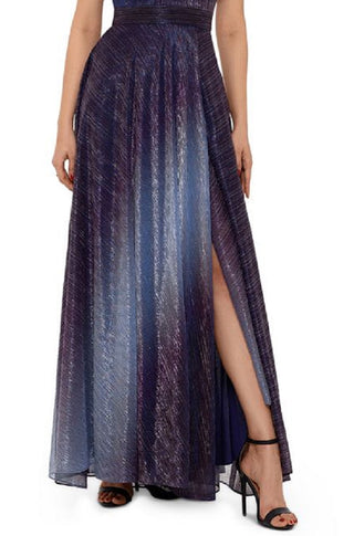 Betsy & Adam Women's Slitted Zippered Metallic Crinkle Sleeveless Maxi Evening Fit Flare Dress Blue Size 2