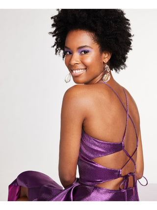 Blondie Nites Junior's Metallic Ruffled Slit Gown Pink Size 15