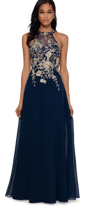 Betsy & Adam Women's Sleeveless Floral Applique Illusion Gown Blue Size 6Petite