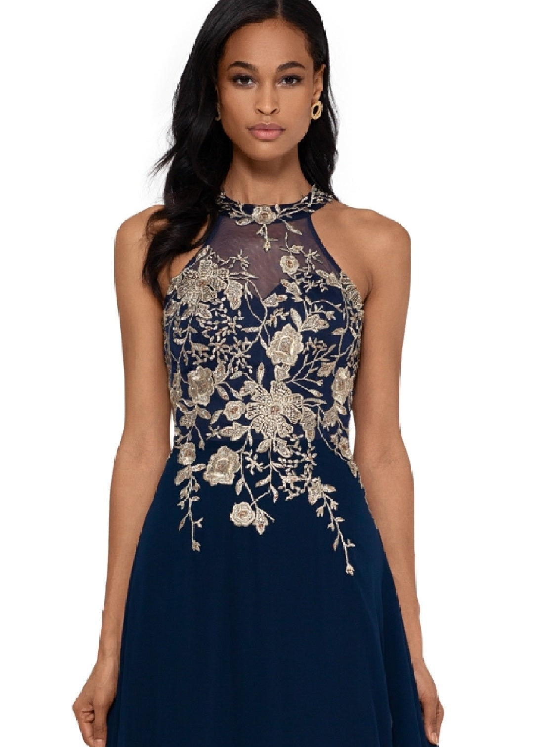 Betsy & Adam Women's Sleeveless Floral Applique Illusion Gown Blue Size 6Petite