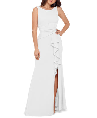 Betsy & Adam Women's Boat Neck Waterfall Ruffle Detail Gown White Size 12 Petite