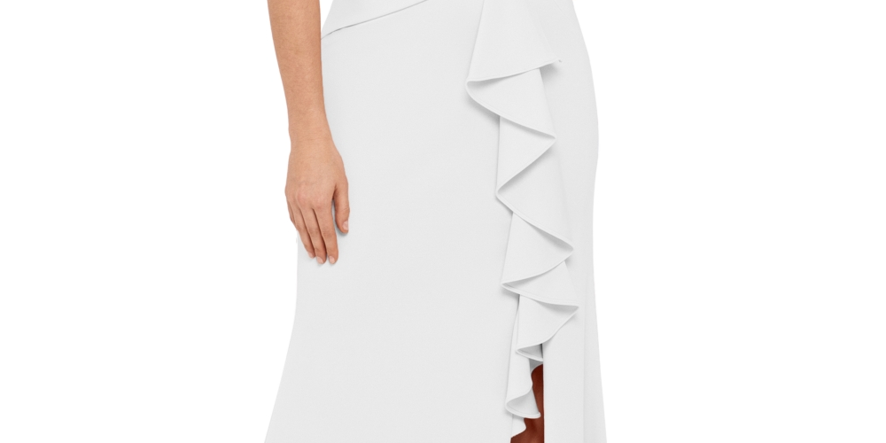 Betsy & Adam Women's Boat Neck Waterfall Ruffle Detail Gown White Size 12 Petite