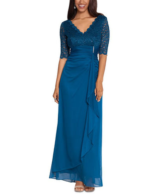 Betsy & Adam Women's Lace Top Waterfall Detail Gown Blue Size 16