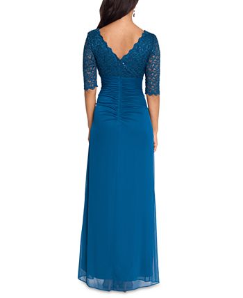 Betsy & Adam Women's Lace Top Waterfall Detail Gown Blue Size 16