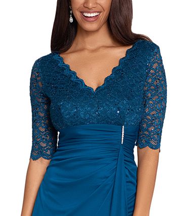 Betsy & Adam Women's Lace Top Waterfall Detail Gown Blue Size 16