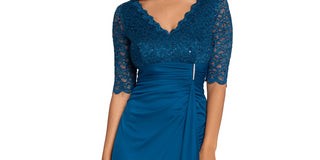 Betsy & Adam Women's Lace Top Waterfall Detail Gown Blue Size 16