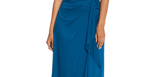 Betsy & Adam Women's Lace Top Waterfall Detail Gown Blue Size 16