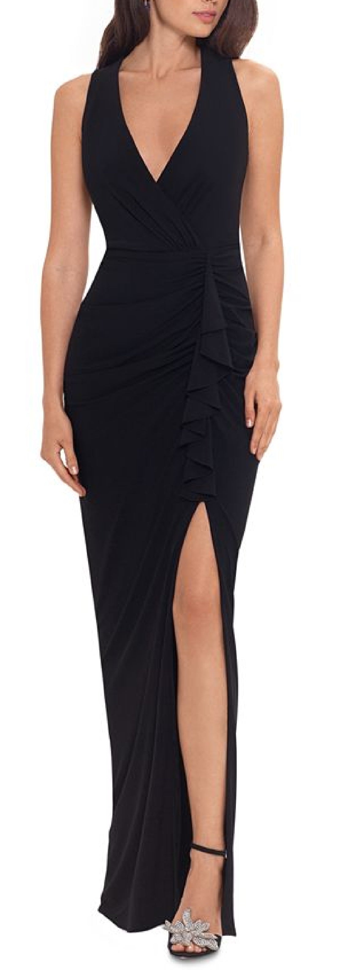 Betsy & Adam Women's Ruffled V Neck Gown Black Size 12