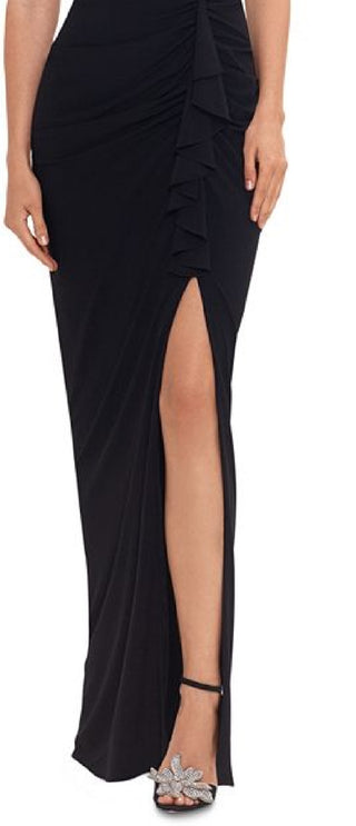 Betsy & Adam Women's Ruffled V Neck Gown Black Size 12