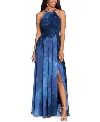 Betsy & Adam Women's Printed Chiffon Halter Gown Blue Size 4