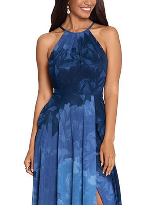 Betsy & Adam Women's Printed Chiffon Halter Gown Blue Size 4