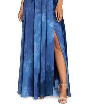 Betsy & Adam Women's Printed Chiffon Halter Gown Blue Size 4