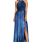 Betsy & Adam Women's Printed Chiffon Halter Gown Blue Size 6
