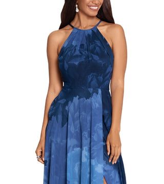 Betsy & Adam Women's Printed Chiffon Halter Gown Blue Size 6