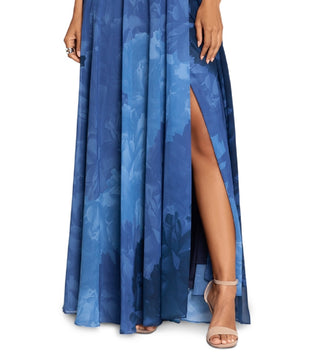 Betsy & Adam Women's Printed Chiffon Halter Gown Blue Size 6