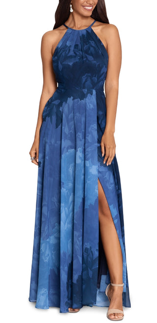 Betsy & Adam Women's Printed Chiffon Halter Gown Blue Size 10Petite