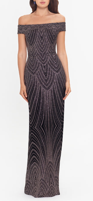 Betsy & Adam Women's Off The Shoulder Glitter Gown Pink Size 6