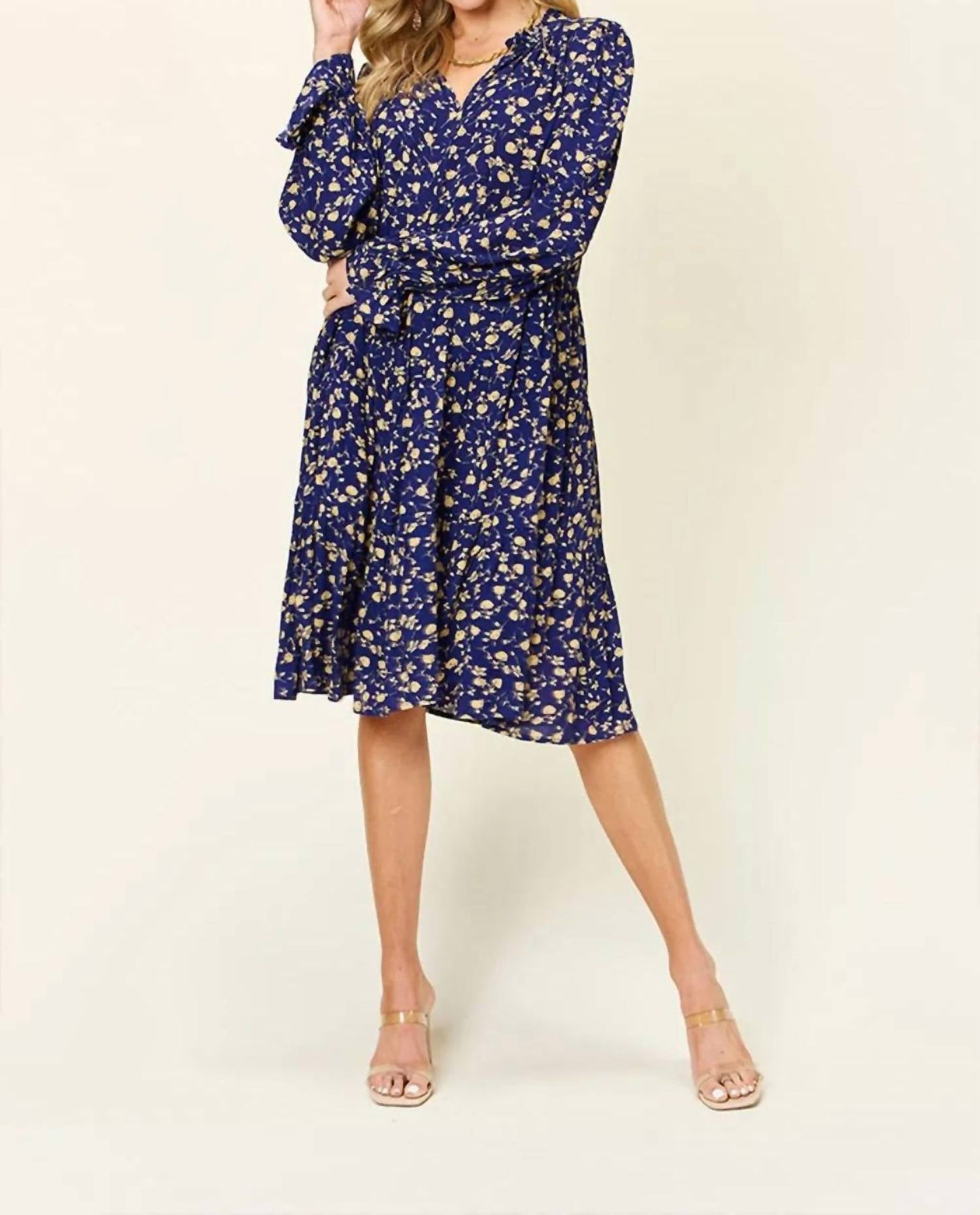 Double Take - Full Size Printed Ruffle Hem Long Sleeve Tiered Dress
