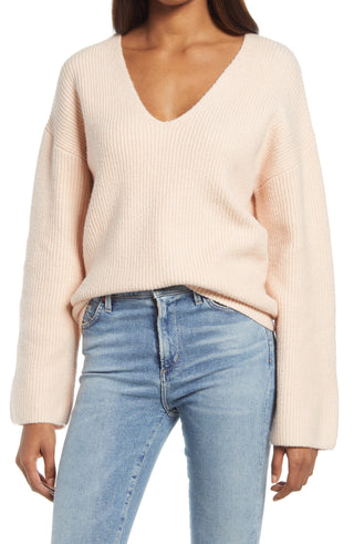 Women's Pink Rib Stitch V-Neck Sweater - Size Small