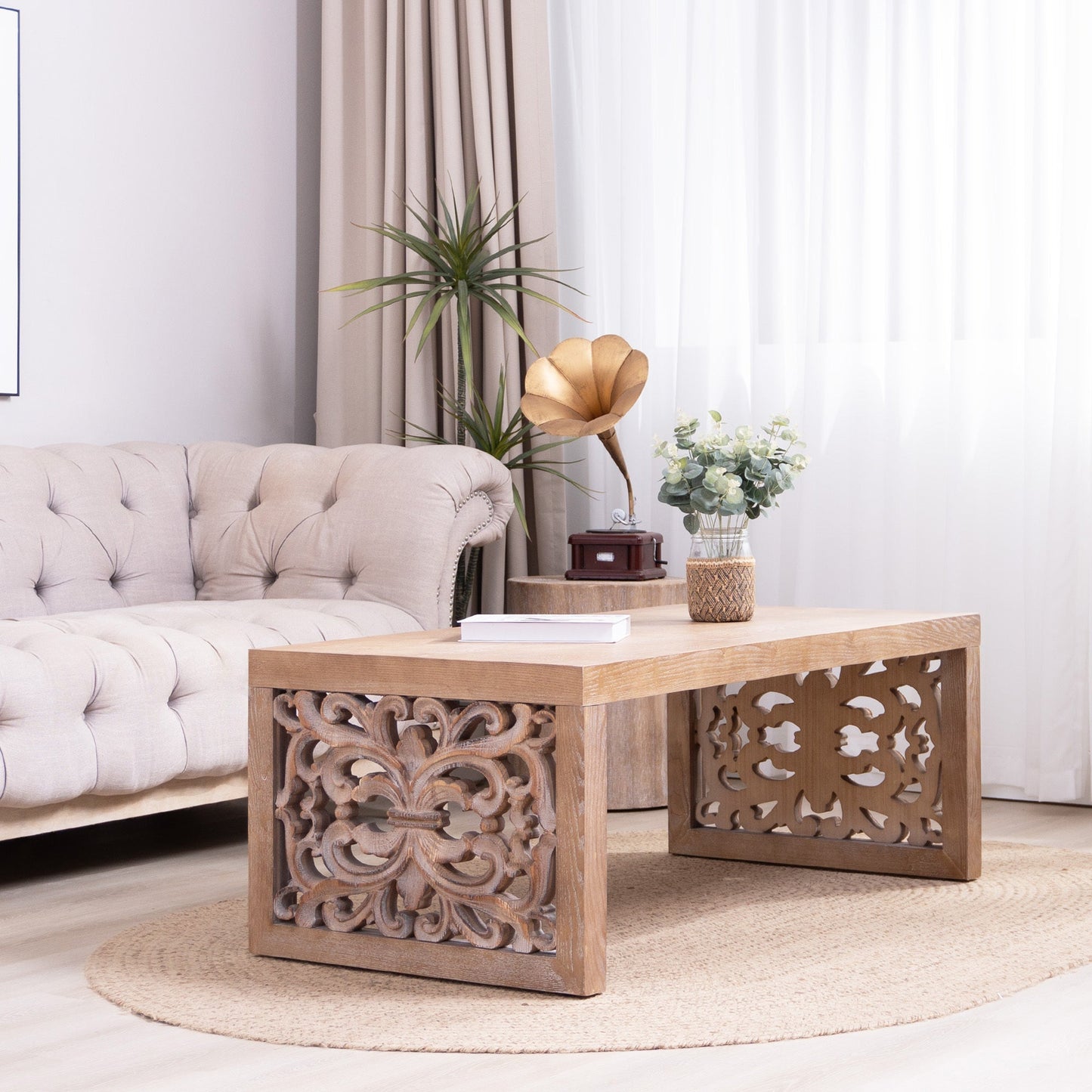 47.2 Rustic Carved Wood Coffee Table – Handcrafted Look with Ornate Side Panels