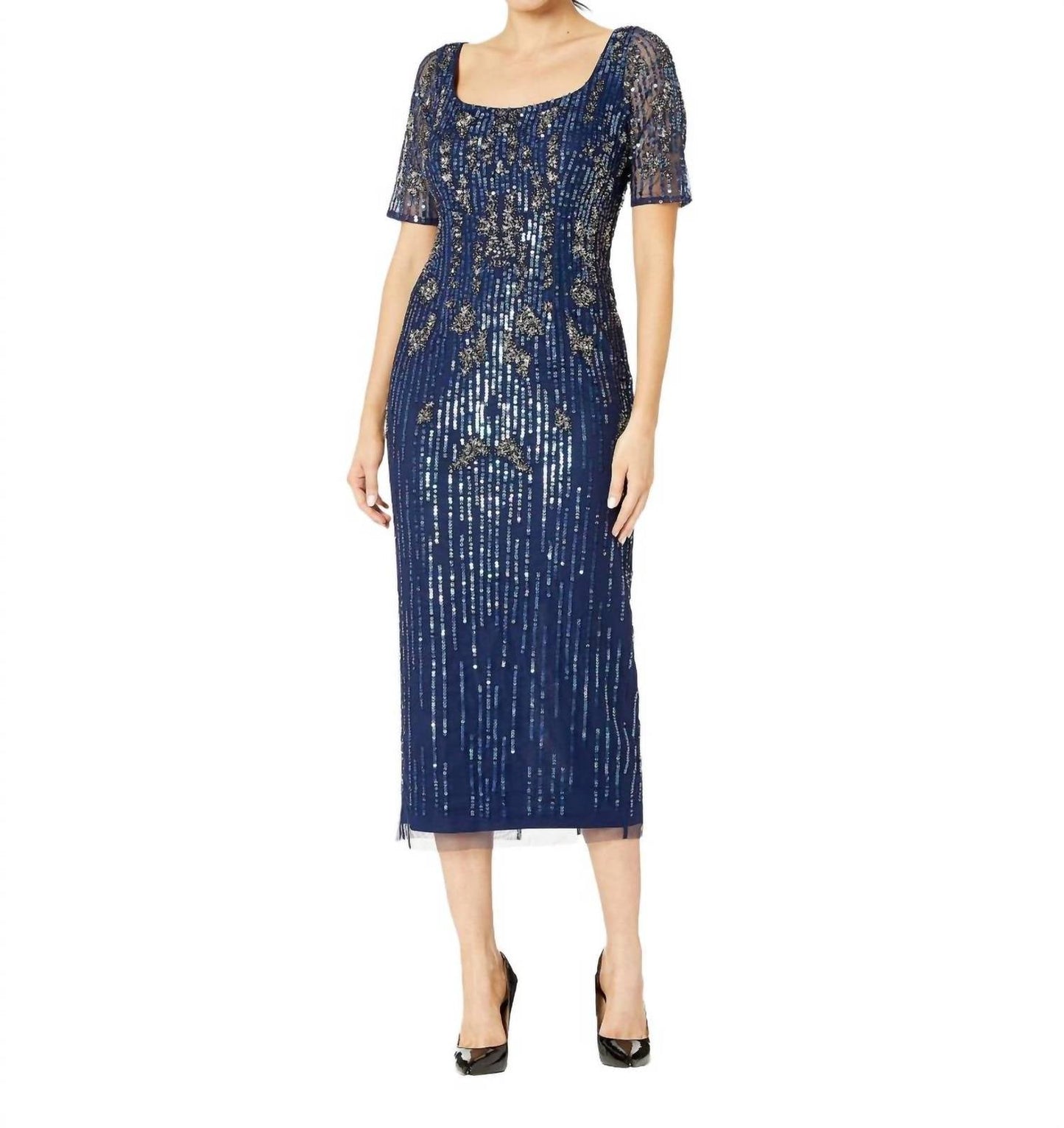 Adrianna Papell - Full Beaded Sheath Midi Party Dress