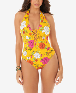 Skinny Dippers Women's Mac & Cheese Sirene Lace Up One Piece Swimsuit Yellow Size Medium