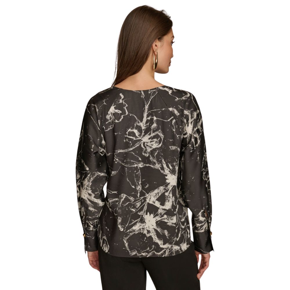 Donna Karan New York Womens Printed V Neck Blouse Black