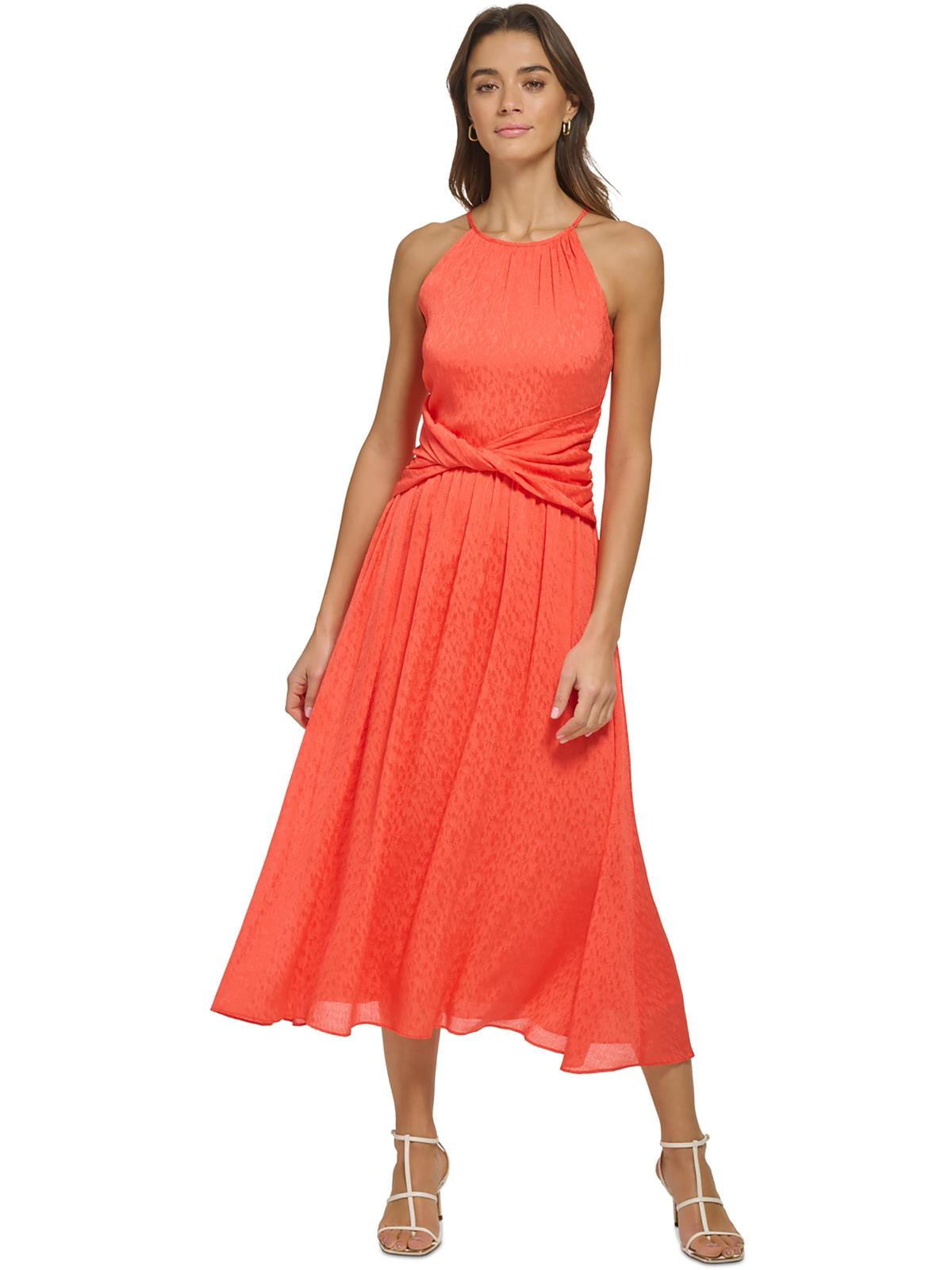 DKNY Women's Halter Neck Twist Waist Sleeveless Midi Dress Orange Size 12
