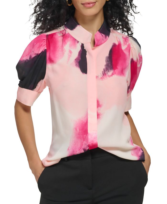 DKNY Women's Mock Neck Puffed Short Sleeve Top Pink Size Large