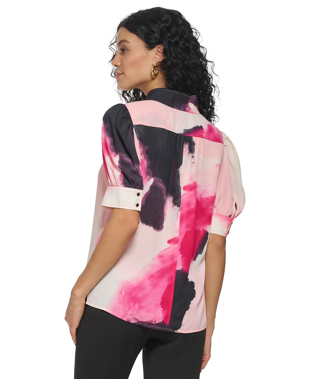 DKNY Women's Mock Neck Puffed Short Sleeve Top Pink Size Large