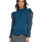 DKNY Women's Ruffled Jacquard Puff Long Sleeve Blouse Blue Size Medium